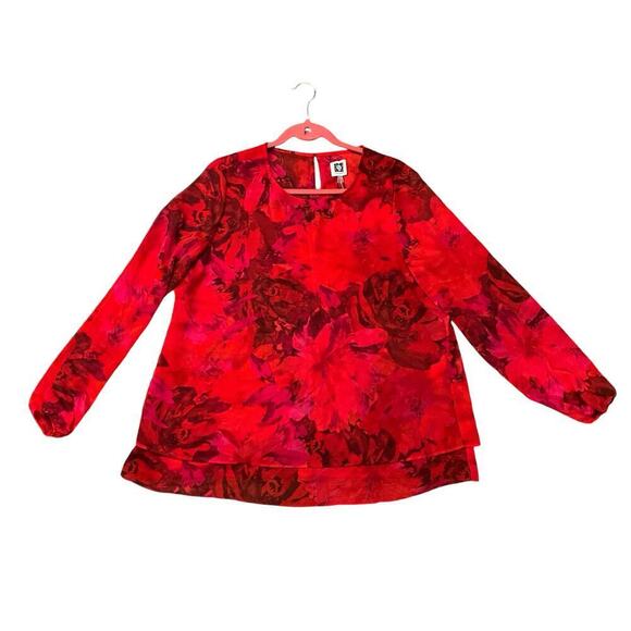 Anne Klein Top Long Sleeves Round Neck Floral Red Rose Womens Size Large NWT - Picture 3 of 4